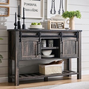 Console Table with 2 Sliding Arch Doors, Farmhouse Entryway Table w/ 3-Tier Storage Shelves, Rustic Sofa Table, Side Table for Living Room - 1 of 4