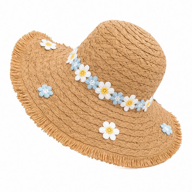 Anna-Kaci Women's Braided Straw Sun Hat with Floral Applique Trim and Fringe Brim Design - Brown