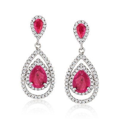 Ross-Simons 5.25 ct. t.w. Ruby and 1.40 ct. t.w. White Topaz Teardrop Earrings in Sterling Silver