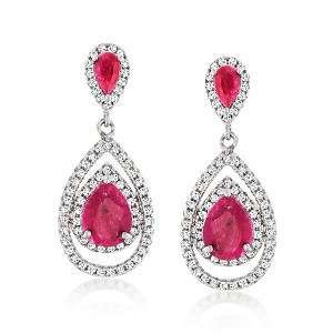 Ross-Simons 5.25 ct. t.w. Ruby and 1.40 ct. t.w. White Topaz Teardrop Earrings in Sterling Silver - 1 of 3