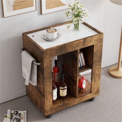 LunaLulinlk Mid-century modern style movable side cabinet, household brown trolley storage locker and shelf for living room, Kitchen