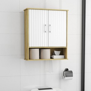 KTMBDW Two-Door Bathroom and Laundry Wall Mount Storage Medicine Cabinet with Open and Adjustable Shelf - White & Natural - 1 of 4