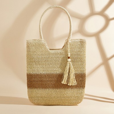Women's Neutral Colorblock Straw Tote Bag- Cupshe