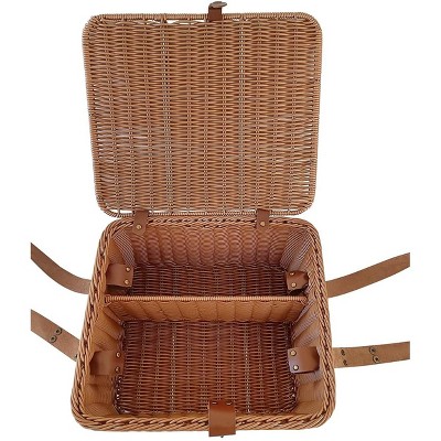Handwoven Brown Poly-Wicker Picnic Basket with Leather Straps