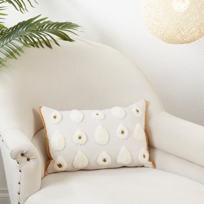 Dreamy Pom Pom White Rectangular Throw Pillow with Furry Detailing