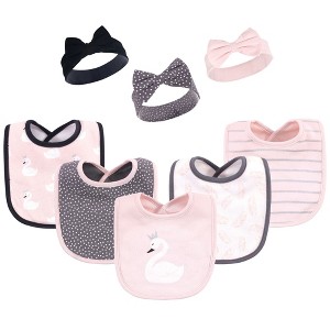 Hudson Baby Infant Girl Cotton Bib and Headband or Caps Set 8pk, Swan, One Size - 1 of 4