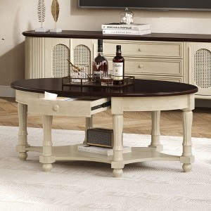 Okak Natural Farmhouse Coffee Table with Storage, 2-Tier Center Table Side Tables with Half Open Compartment for Living Room Bedroom - 1 of 4