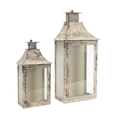 Antique Cream Iron & Glass Decorative Candle Lantern Set