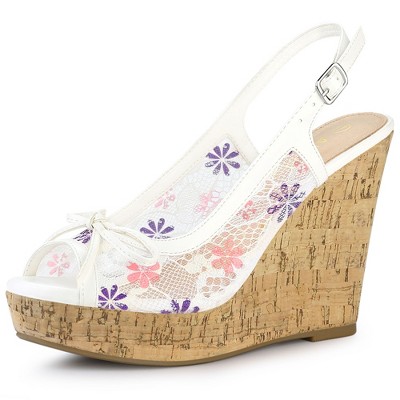 Allegra K Women's Casual Wood Platform Heels Bow Lace Wedge Sandals
