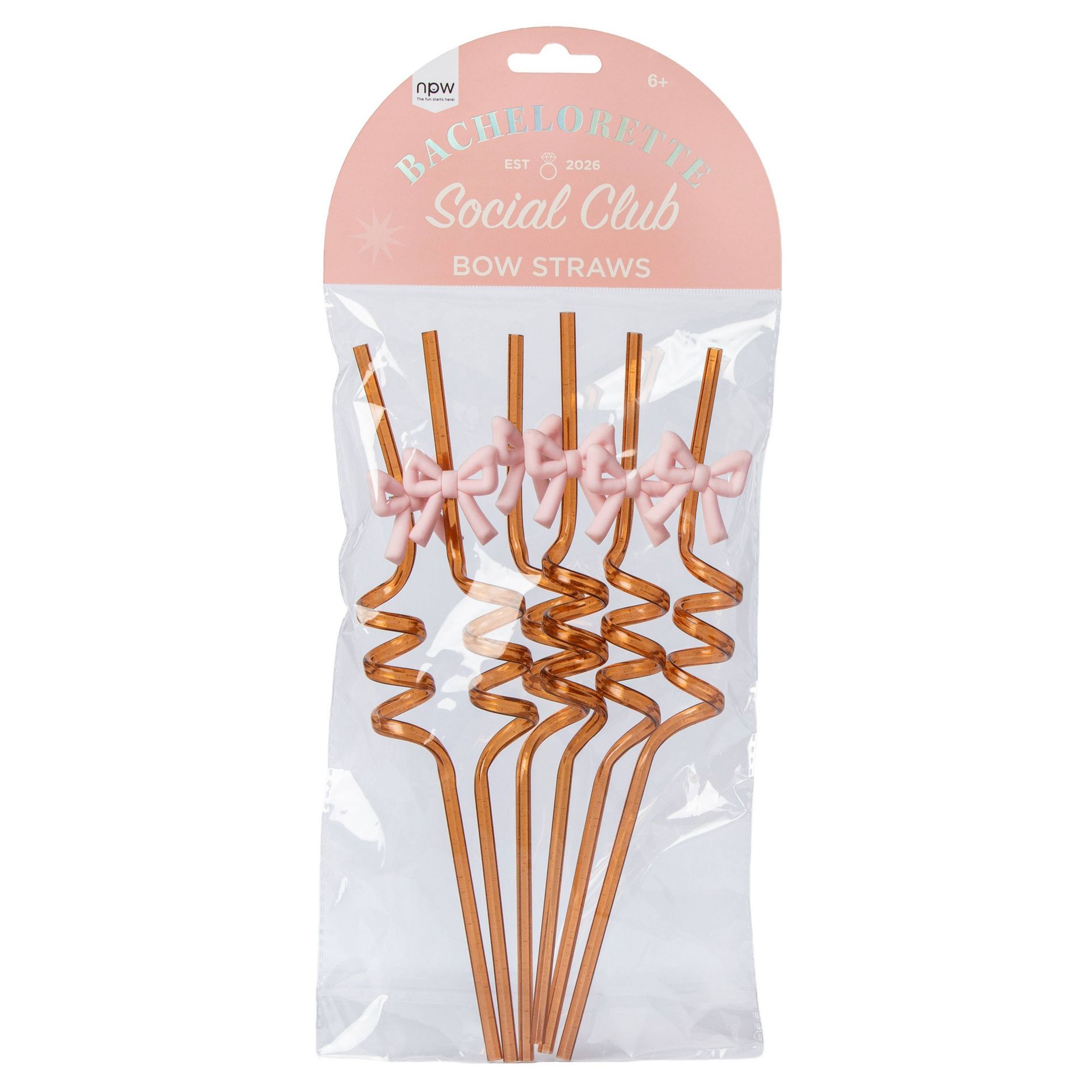 NPW 6ct Bachelorette Sparkle Bow Straws Party Favors Pink