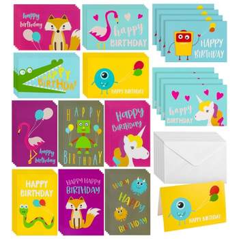 Best Paper Greetings 48 Pack Assorted Kids Birthday Cards Bulk with Envelopes in Unicorn, Flamingo, Monster, and Fox Designs, 4 x 6 In