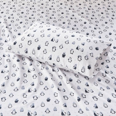 Full Gray Cotton Flannel Penguin Print Sheet Set