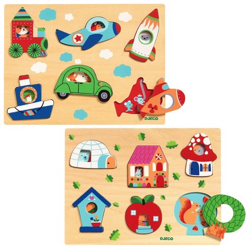 Djeco Things-That-Go & Animal Homes Colorful Wooden Puzzles - Set of 2  Puzzles