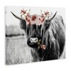 Stupell Industries Layered Floral Design Longhorn Cattle Monochrome Canvas Art, 30" x 24" - 2 of 4
