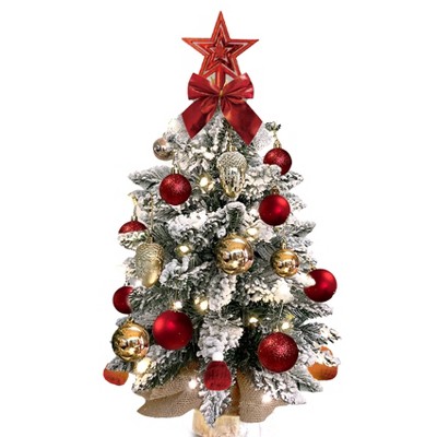 22in Tabletop Christmas Tree with Light Mini Red Christmas Decoration with Flocked Snow, Exquisite Decor &Xmas Ornaments for Table Top for Home&Office