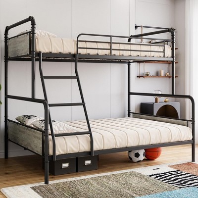 Metal Bunk Bed Twin Over Full Size with Angled Ladder, High Guardrail, Heavy Duty Bunk Bed Frame with Metal Slats, Smooth Rounded Edges, for Kids