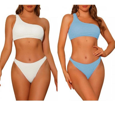 Elerevyo Women's One Shoulder Bikini Asymmetric Ribbed Triangle Bottoms Sporty Swimwear Bathing Suits 2 Sets