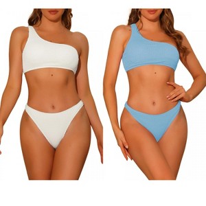 Elerevyo Women's One Shoulder Bikini Asymmetric Ribbed Triangle Bottoms Sporty Swimwear Bathing Suits 2 Sets - 1 of 4