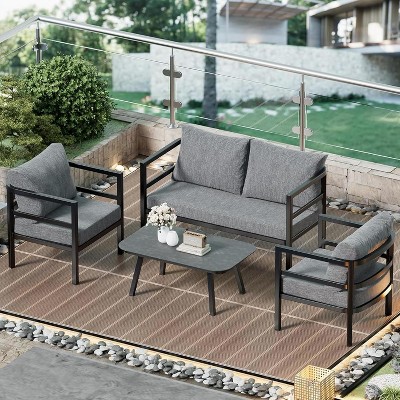 PAKASEPT 4Pcs Aluminum Patio Loveseat Set with Cushions, Loveseat Coffee Table Cushions Deck, Modern Design, Water-Resistant