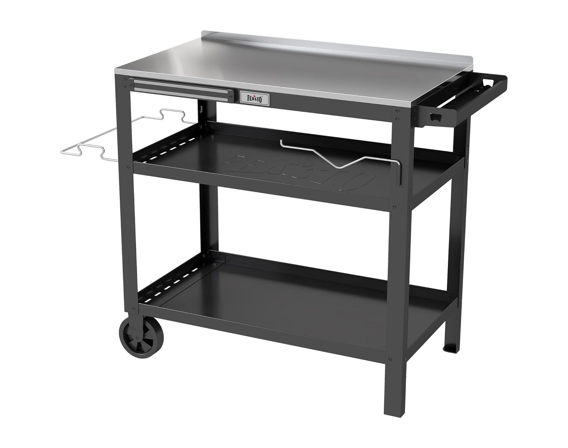 Feasto 31.5"x18" Outdoor Grill Cart with Stainless Steel Tabletop, Movable Grill Table with Magnetic Tools Holder