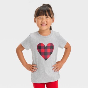 Toddler Girls' Heart Plaid Short Sleeve T-Shirt - Cat & Jack™ Heather Gray - 1 of 3