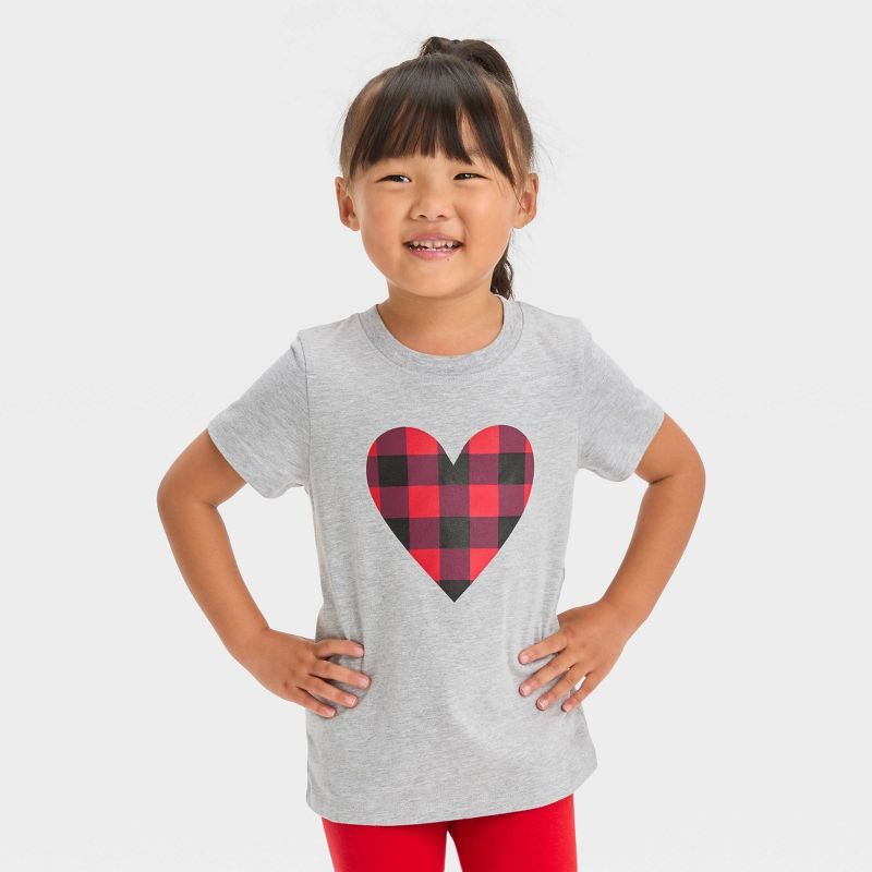 Toddler Girls' Heart Plaid Short Sleeve T-Shirt - Cat & Jack™ Heather Gray, 1 of 5
