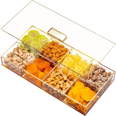 Snack Serving Tray with Lid - Divided Appetizer Serving Tray Set, Gift Box for Nuts & Dry Fruit Tray, Candy Dish, Acrylic Clear-Gold - Elavain