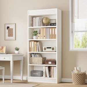 5 Tier Tall Bookcase wih Fluted Design, Farmhouse Bookshelf with Wooden Base, Wood Bookshelf Vintage Book Shelf for Office Library, White - 1 of 4