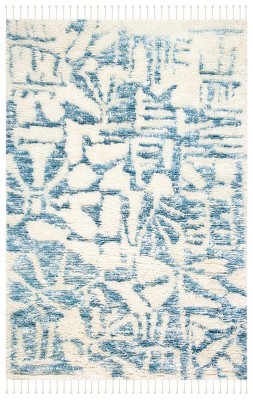 Ivory and Blue Hand-Knotted Wool Viscose 8' x 10' Rug