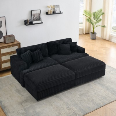 Modern 88.6" Corduroy Deep Seat Sofa with 2 Storage Ottomans, Cloud-Like Comfy 3-Seater Couch for Living Room or Small Spaces–The Pop Home