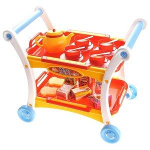 JuzToys Pretend Play Tea Party Trolley Cart – Tea Pots and Cups Accessories, Pretend Kitchen Tea Set for Kids – Red/Yellow - 1 of 4