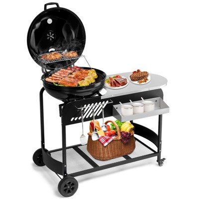 KTMBDW Portable Charcoal Grill with Cart, BBQ Charcoal Grill with Porcelain-Enameled Lid & Slide Out Ash Catcher Thermometer for Camping, Backyard