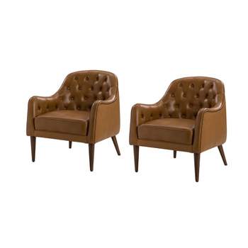 Set of 2 Justo 28.5" Wide Tufted Genuine Leather Wood Legs Accent Barrel Chair for Living Room with solid wood legs | ARTFUL LIVING DESIGN