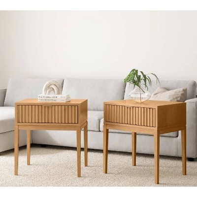 Natural Brown Fluted Wood Nightstand Set with Brass Handles