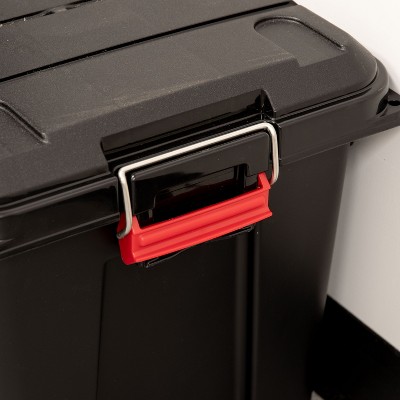 Heavy Duty Black Plastic Stackable Storage Totes with Lids, 82 Quart, Set of 4