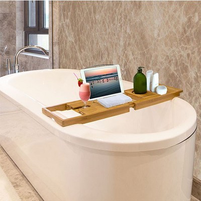 Extendable Natural Bamboo Bathtub Caddy Tray with Wine Holder