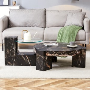 Modern Fax Marble Grain Texture MDF Round Coffee Table with Glass Side Table,Nesting Coffee Table Set Of 2,Cozy Minimalist Coffee Table Design-Koiai - 1 of 4