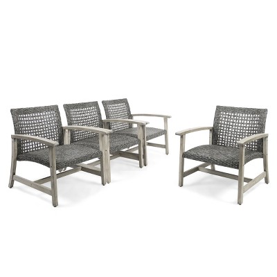 GDF Studio Savannah Outdoor Mid-Century Club Chairs (Set Of 2) - Acacia Wood & Wicker, Gray