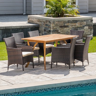 Beige and Multibrown Acacia Wood and Wicker 6 Person Outdoor Dining Set