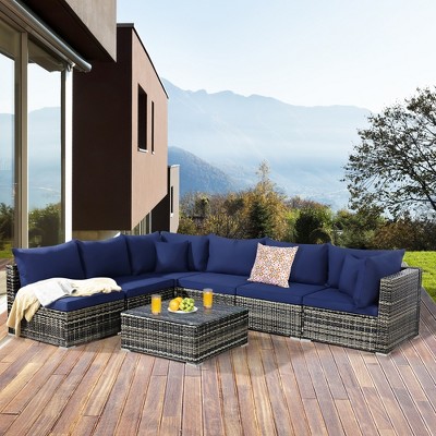 Costway 7PCS Patio Rattan Furniture Set Sectional Sofa Garden Navy Cushion