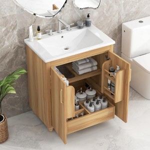 Bathroom Vanity Cabinet with Ceramic Sink Top Set, Freestanding Single Basin Vanity Storage Cabinet Bathroom Organizer with Shelves and Drawer Natural - 1 of 4