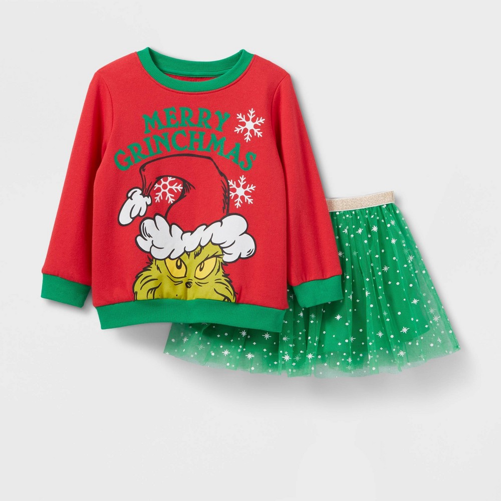 Toddler Girls' The Grinch Merry Grinchmas Tutu Pullover Sweater - Green 12M