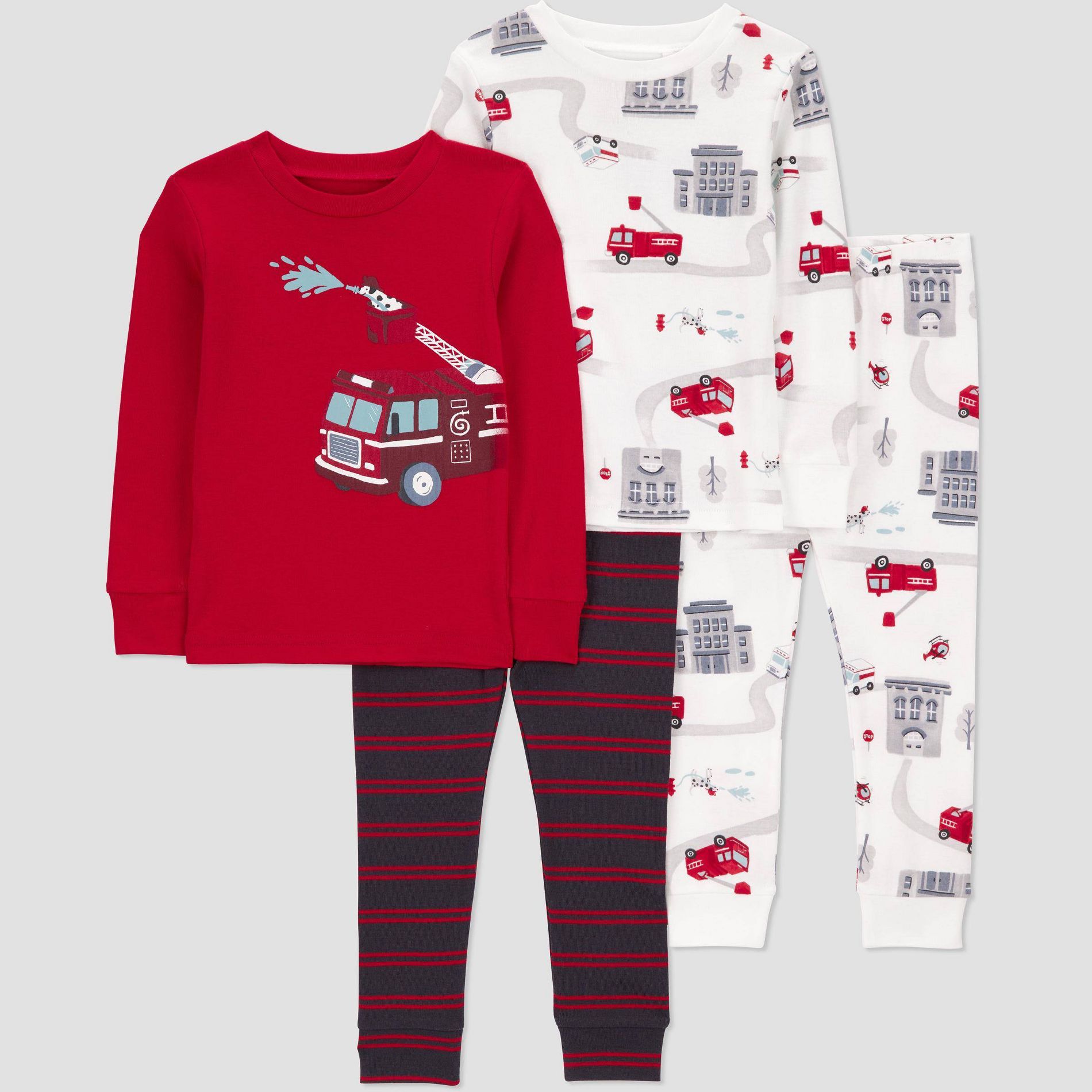 Carter's Just One You® Toddler Boys' 4pc Cotton Long Sleeve Fire Truck Pajama Set - Red/White/Black 12M