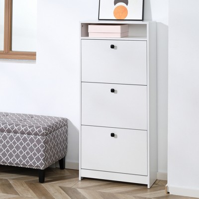 White Slim Wooden Shoe Cabinet with 3 Fold-Out Drawers