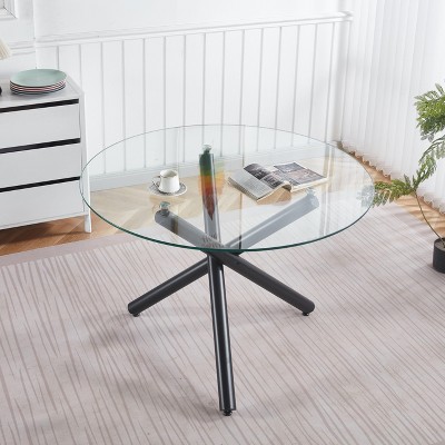 NicBex Space Saving Round Glass Dining Table with Cross Metal Legs,Modern Kitchen Table Bar Table,Dining Room Furniture