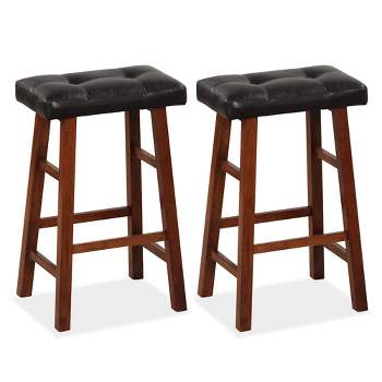 Costway Set of 2 Upholstered Barstools 24''/29'' Backless Rubberwood Dining Chairs Black&Brown