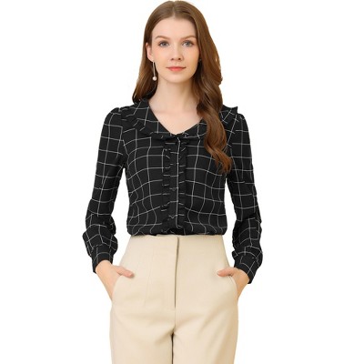 Allegra K Women's Cute Collar Checked Long Sleeve Button-Down Shirts