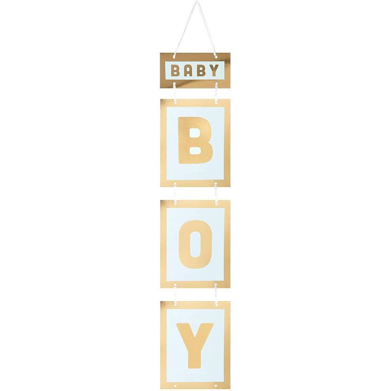 Sparkle and Bash 4-Pack Baby Boy Gold Foil Hanging Banner Signs for Baby Shower Party Decorations, 7.8 x 42.5 in, 2 of 5