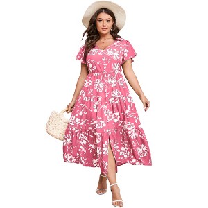Womens Babydoll Summer Maxi Dress Plus Size V Neck Short Sleeve Button Casual Dress Flowy Swing Floral Boho Dress - 1 of 4