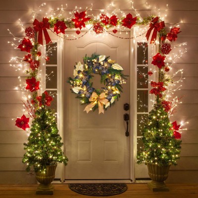 24 Inch Christmas Wreath for Front Door, Xmas Wreath with Bows, Gold Leaves & Ball Ornaments and Blue Artificial Flowers for Windows